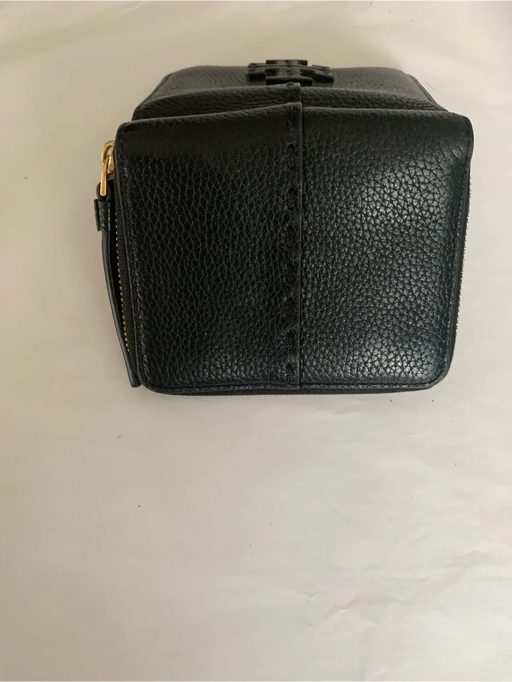 Tory Burch Black Pebbled Leather Zip Card Case with Logo